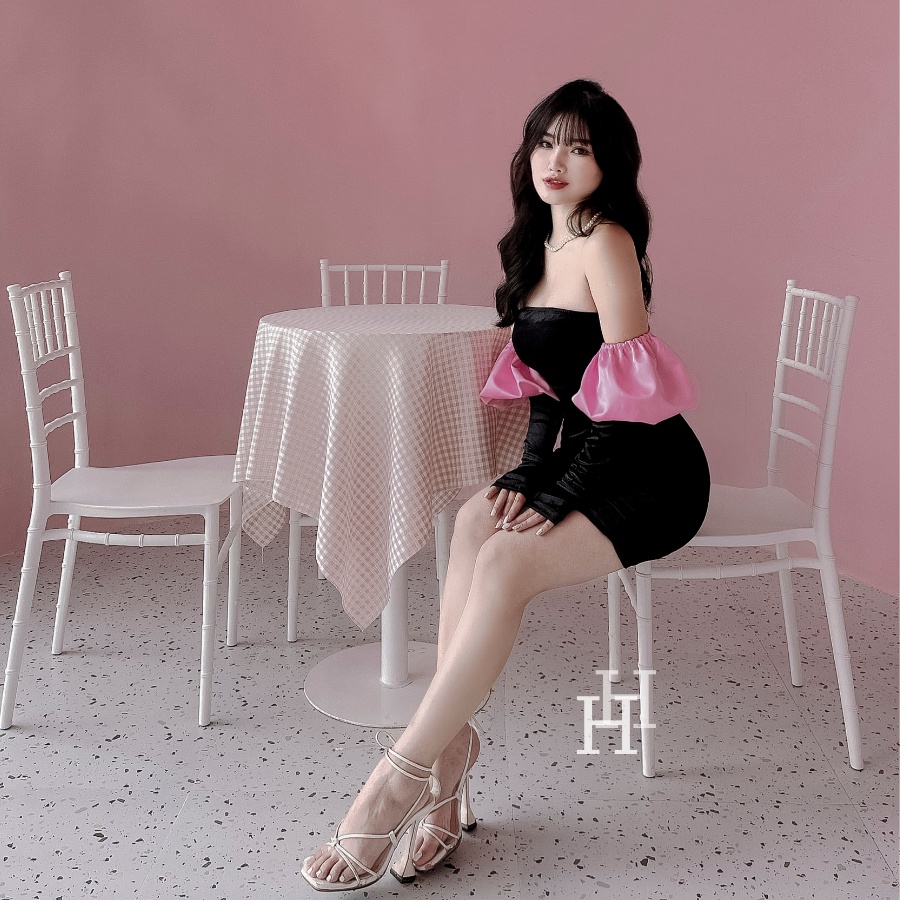 Đầm body ống màu đen hồng kèm găng tay phối rời HDT270 Hỉn Hỉn Store