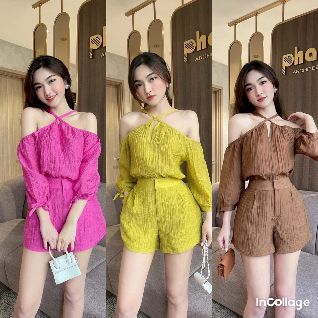 Sét bộ đồ nữ cổ yếm đan dấy cổ ( áo có mút ngực ) kèm quần  tôn dáng trẻ trung sang trọng thanh lịch siêu xinh