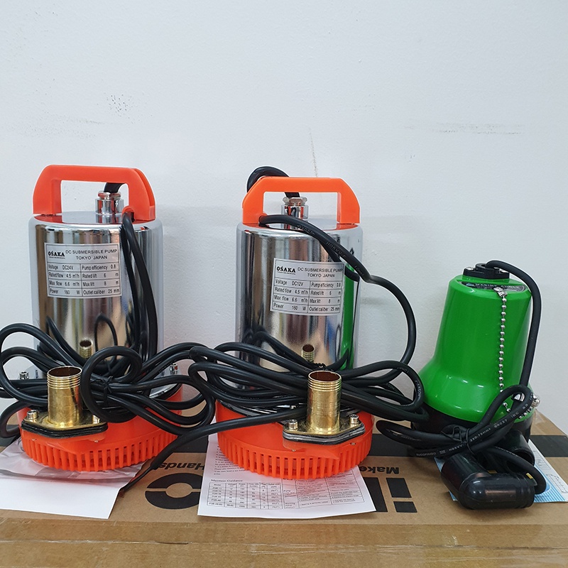 Bơm chìm vỏ Nhựa, vỏ Inox, Nguồn DC, Ắc quy 12V, 24V Công suất 60W, 160W bơm thoát nước