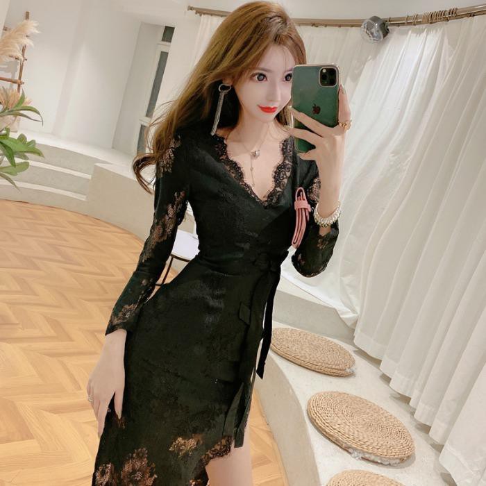 trang phụcIrregular skirt girl vogue of new fund 2020 autumn fashion v-neck lace bowknot cultivate one s morality show thin long-sleeved dress