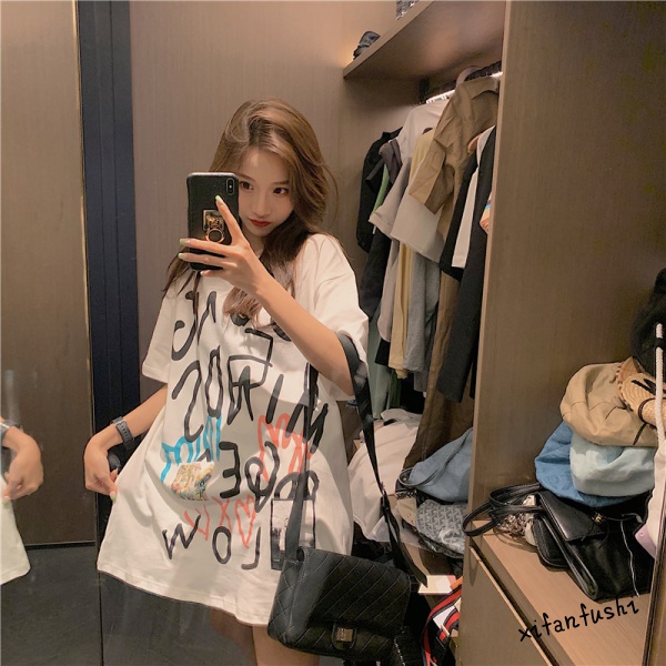 Korean women's T-shirt, medium and long short-sleeved printed loose women's T-shirt （Sell at a loss）XIFANFUSHI Women's Clothing
