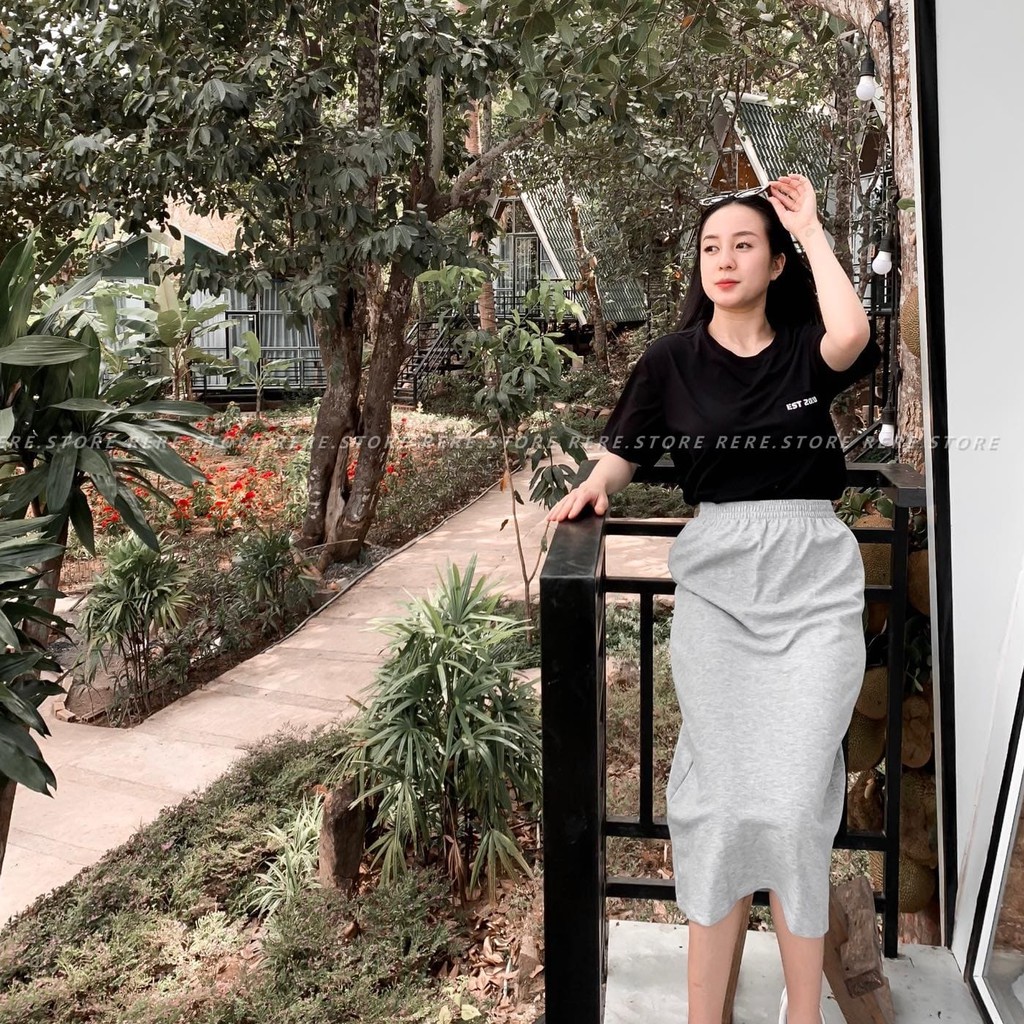Chân Váy Dáng Dài Qua Gối Basic Nữ - Rere.Store [FREESHIP] - Đầm bánh bèo suông trơn cạp chun 2 màu ĐEN | XÁM Ulzzang | BigBuy360 - bigbuy360.vn