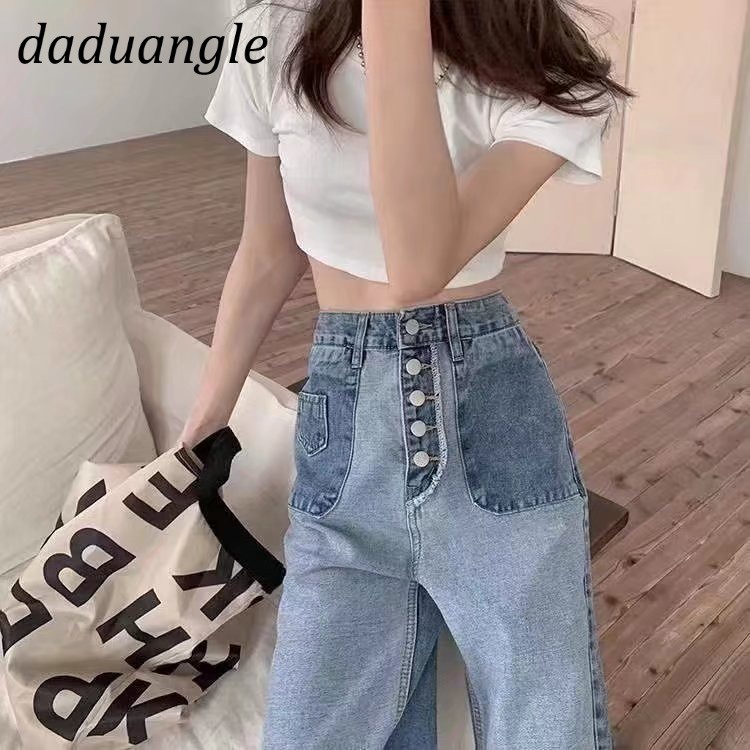 Quần jean Daduhey lưng cao ống rộng nhiều nút thời trang phong cách Hàn Quốc cho nữ