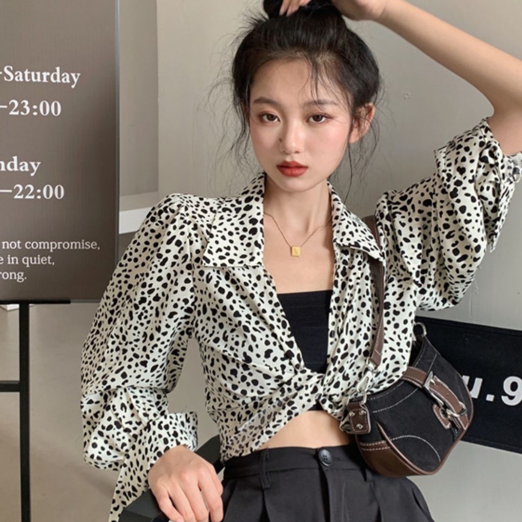 Áo Sơ Mi Tay Dài Họa Tiết Da Báo Cá Tính Cho Nữ
