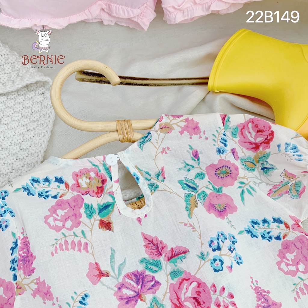 Bộ thô bé gái hoạ tiết hoa xinh xắn, bộ cộc tay bé gái phối bèo dễ thương