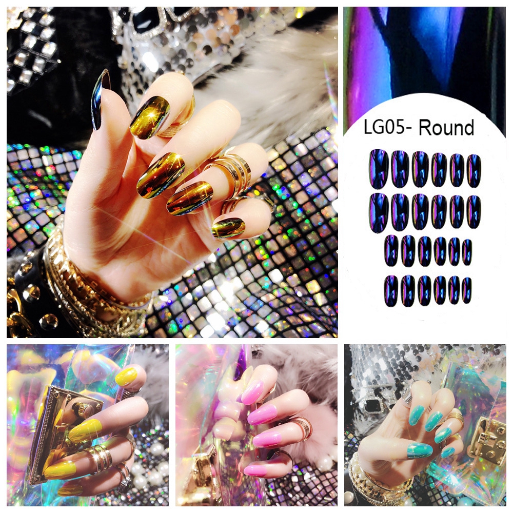 Set 24 móng tay giả tráng gương ánh kim nổi bật cho làm đẹp