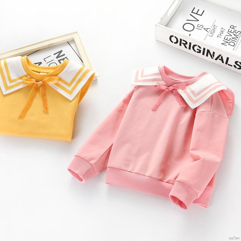 Áo cotton dài tay phối nơ kèm viền sọc thời trang dành cho bé 1-8 tuổi