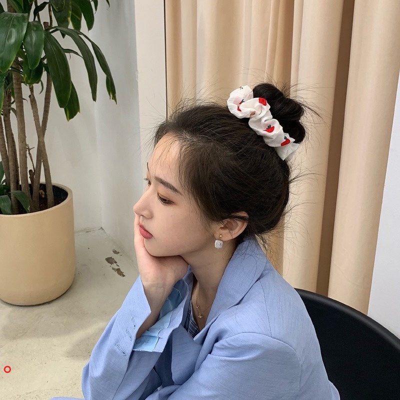 Dây buộc tóc cao su vải voan cỡ lớn in họa tiết dâu tây dễ thương cho nữ