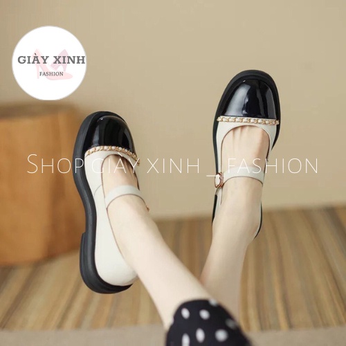 Giày búp bê lolita đế bệt , Guốc nữ phối mũi kết hơp dây xích hottrend Mã VM