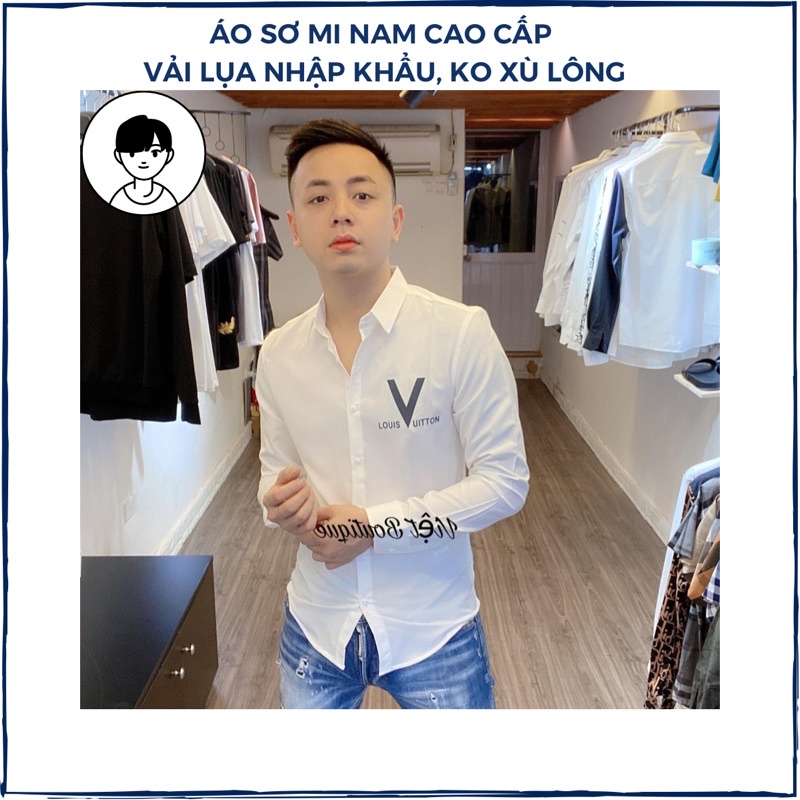 Áo sơ mi nam tay ngắn phối in chữ V form ốm dáng hàn quốc chất vải lụa xuất xịn thoáng mát