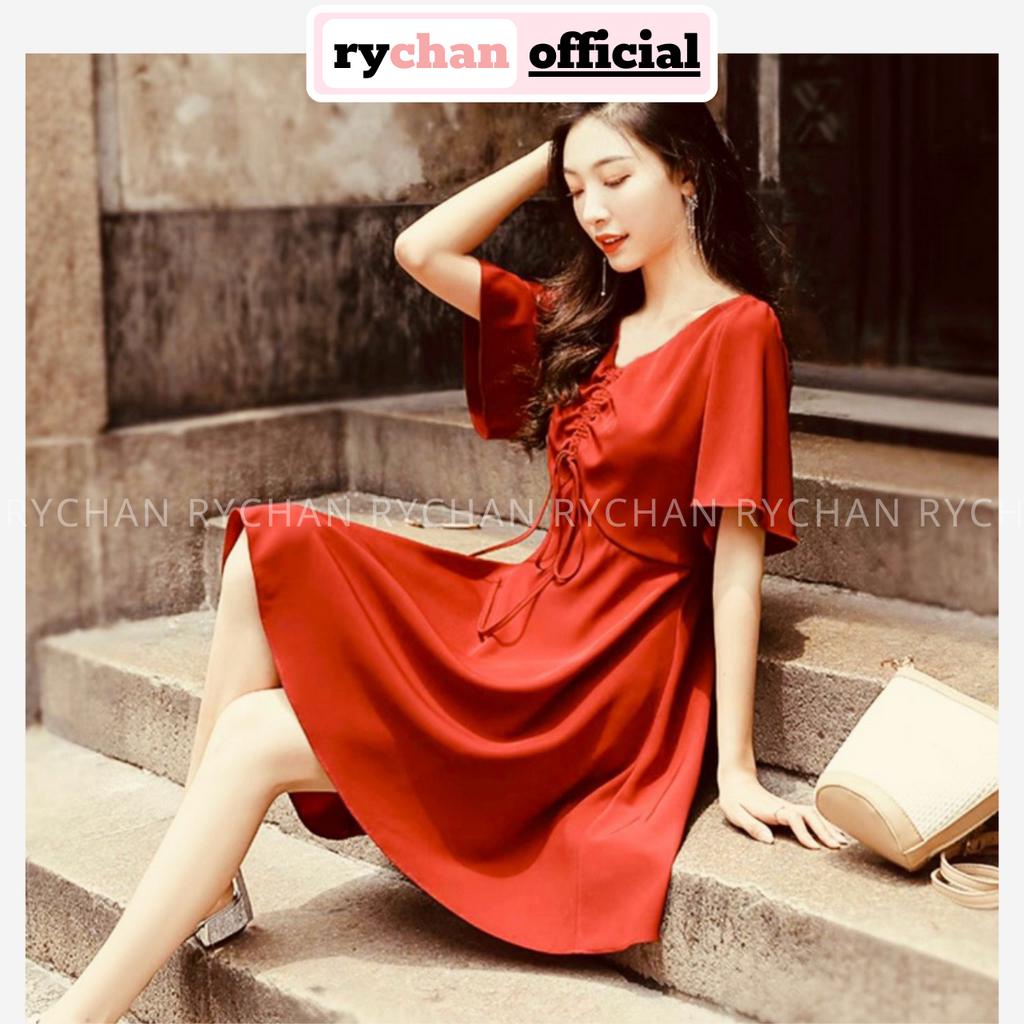 [ẢNH THẬT CUỐI] Đầm Nữ Cổ Vuông Rút Ngực Cột Dây Tay Ngắn Sành Điệu, Đầm Nữ Dạo Mall Form Ngắn Xòe Màu Cam - DX166