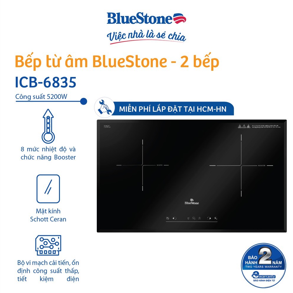 Bếp Âm Từ Đôi Bluestone ICB-6835 (5200W) Hàng chính hãng Hàng chính hãng