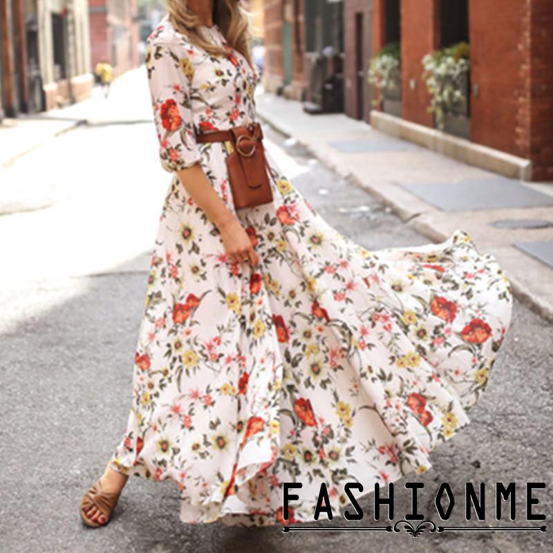 Đầm maxi dài tay họa tiết hoa trang trí phong cách Boho