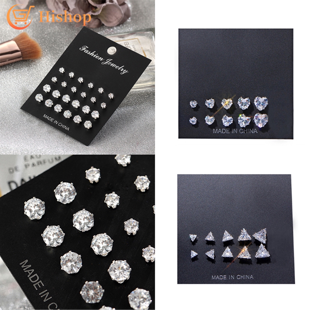 Set 12 đôi khuyên tai Hishop đính đá zircon thời trang giản dị cho nữ