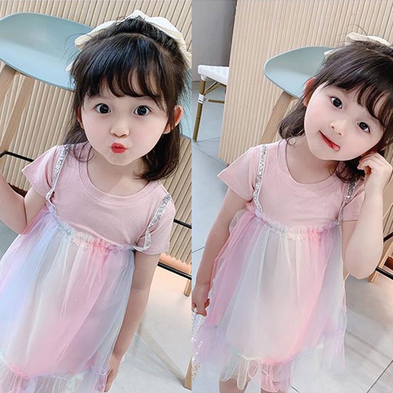 Đầm công chúa  tay ngắn phối màu cầu vồng dành cho bé gái từ 0-4 tuổi