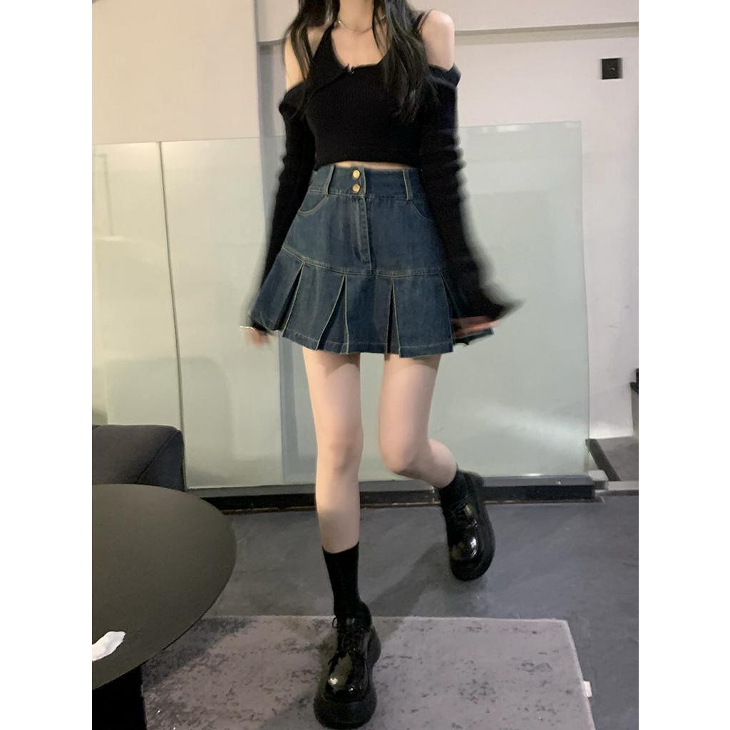 Chân Váy Denim Chữ a Lưng Cao Xếp Ly Cài Nút Thời Trang 62155