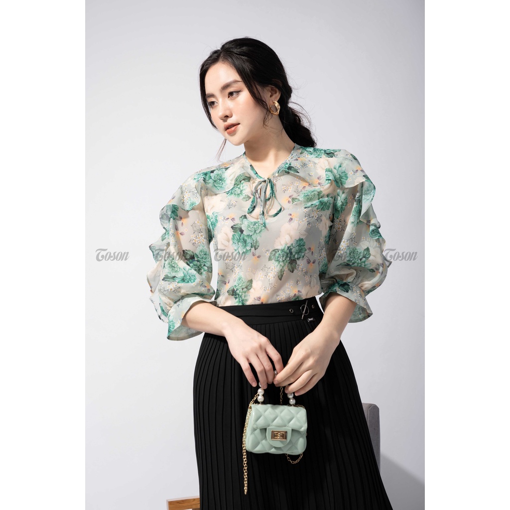 Áo sơ mi tơ hoa xanh, tay liền can bèo cá tính - TOSON - 14522X11