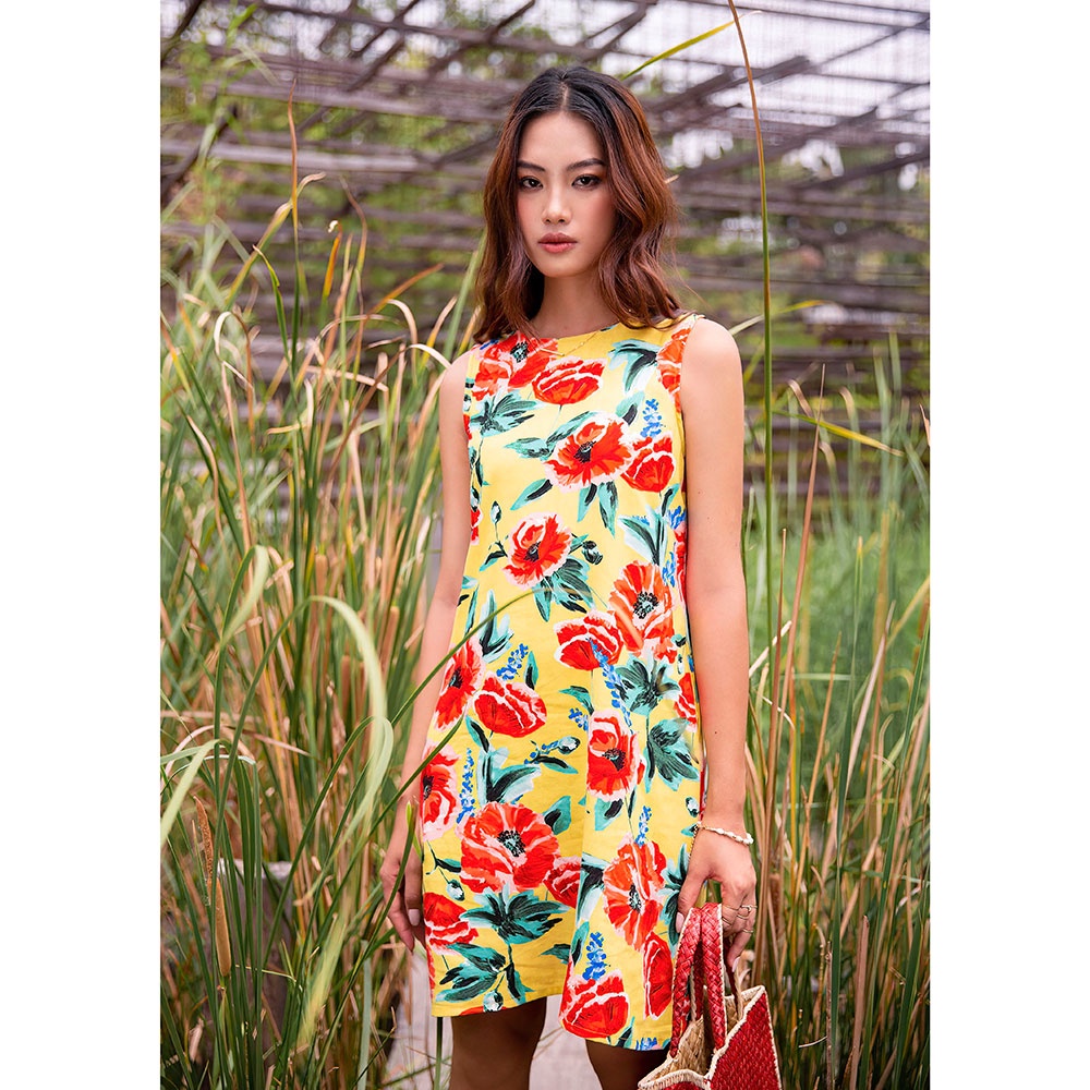 Đầm suông sát náchYV LE &amp; CO vải linen màu vàng họa tiết tropical nữ tính nổi bật
