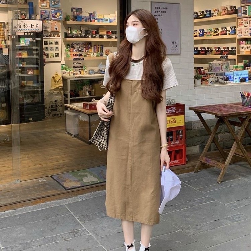 Set váy yếm suông kaki nâu nhạt cho nữ mùa thu