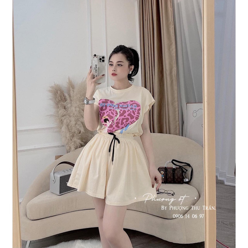 Bộ họa tiết trái tim, quần giả váy chất cotton xuất xịn