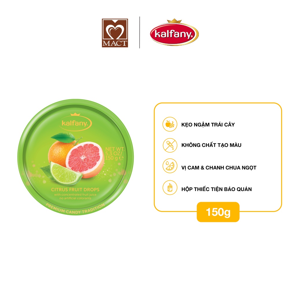 Kẹo ngậm trái cây KALFANY - Vị cam chanh bưởi - hộp thiếc 150g