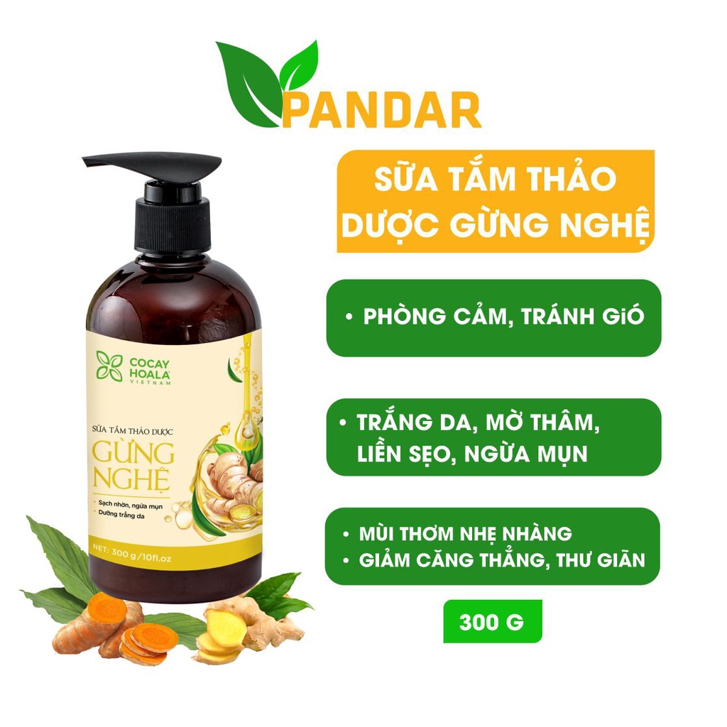 Sữa tắm thảo dược gừng nghệ cỏ cây hoa lá sữa tắm gừng nghệ sạch da giảm mụn lưng phòng cảm tránh gió chai300g PANDAR
