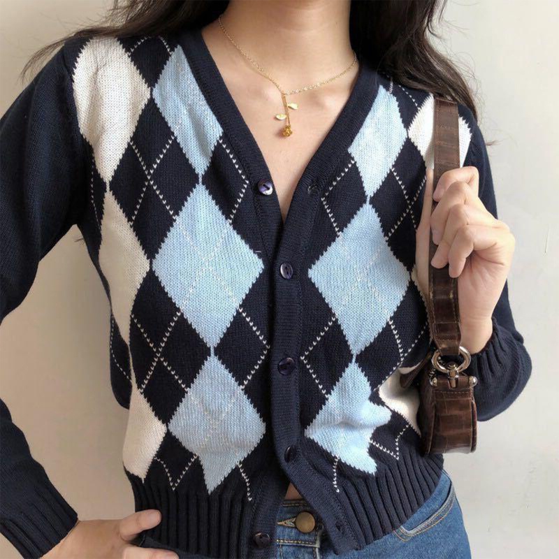 Áo Khoác Cardigan Dệt Kim Tay Dài Kẻ Sọc Ca Rô Cài Nút Kiểu Vintage Dễ Thương Cho Nữ