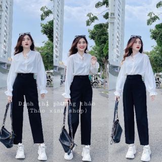 Sét áo trắng cổ bẻ mix quần baggy