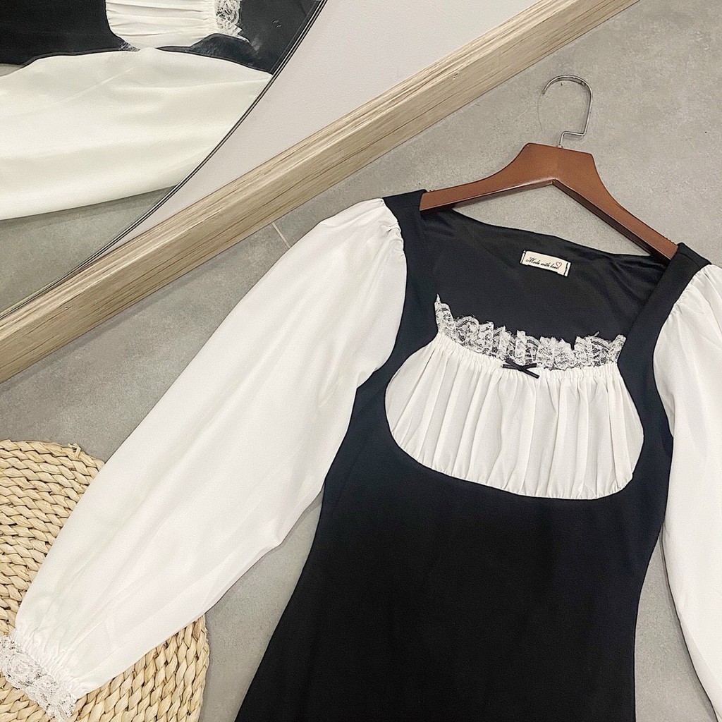 ĐẦM ĐEN PHỐI REN TRẮNG NGỰC VÀ CỔ TAY XẺ ĐÙI SANG CHẢNH - BUNNY DRESS | BigBuy360 - bigbuy360.vn