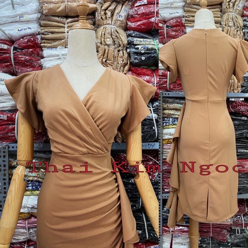 Đầm dáng ôm body tay rũ bèo màu nâu tây