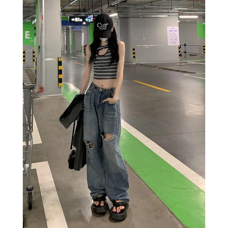 Quần Jeans Dài Ống Rộng Lưng Cao Thời Trang Cho Nữ