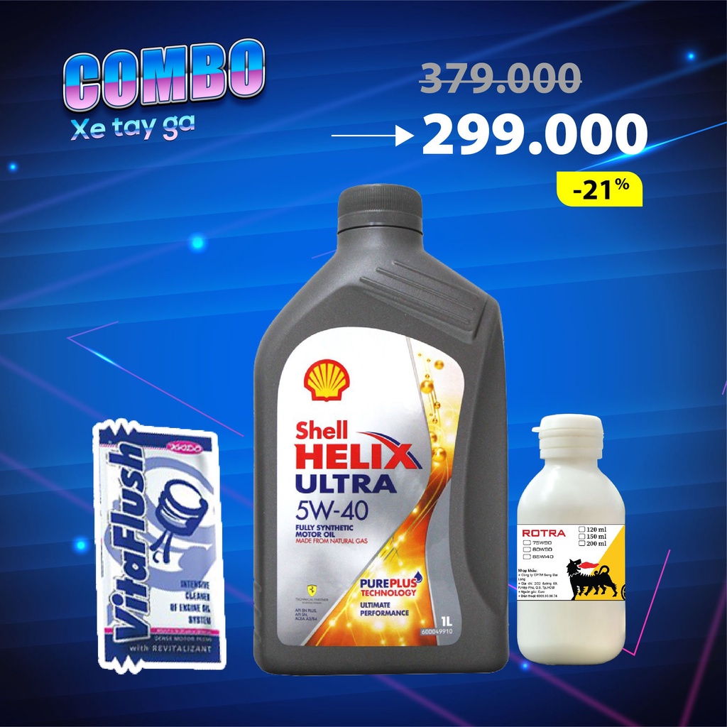 Combo Shell Helix Ultra 5W40 + nhớt láp Eni 80W90 + phụ gia súc rửa động cơ Xado Vitaflush