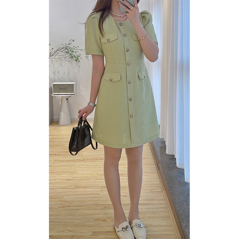 Mori A-letter small fragrant dress 2022 dress women's summer new high-end green French skirt to cover their bellies