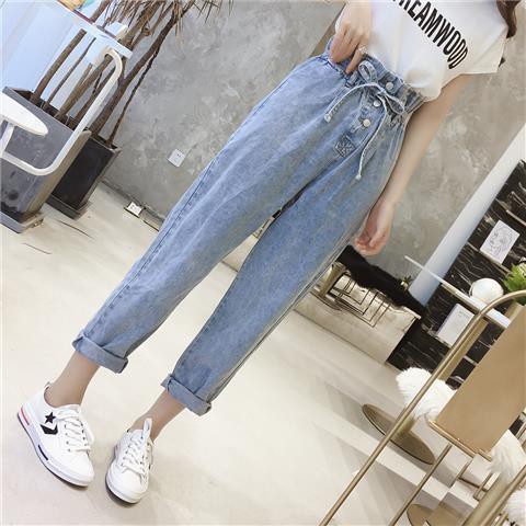 Phong cách Hàn Quốc quần ống rộng hoa nhí âu nữ thẳng lưng cao denim học sinh cạp đa năng cắt xén harem