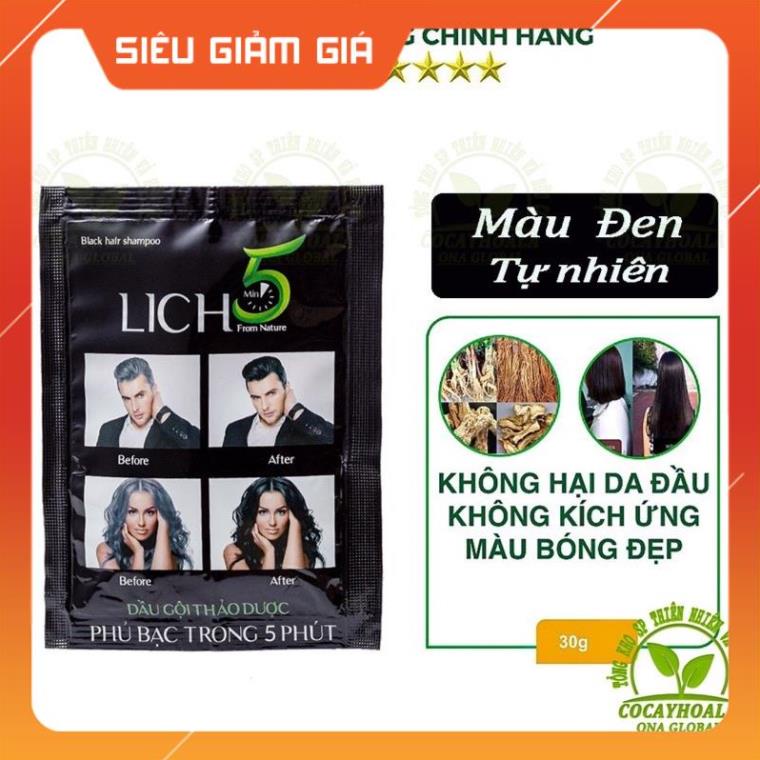 Nhuộm Tóc Thảo Dược Cỏ Cây Hoa Lá Dầu Gội Phủ Bạc Lich 5 phút tại nhà an toàn tiện lợi màu Đen Nâu Gói 30g