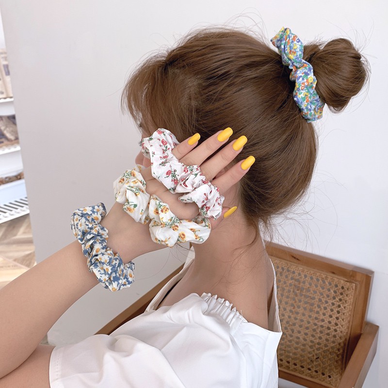 Dây thun cột tóc in họa tiết caro phối hoa kiểu Pháp cổ điển dễ thương cho nữ