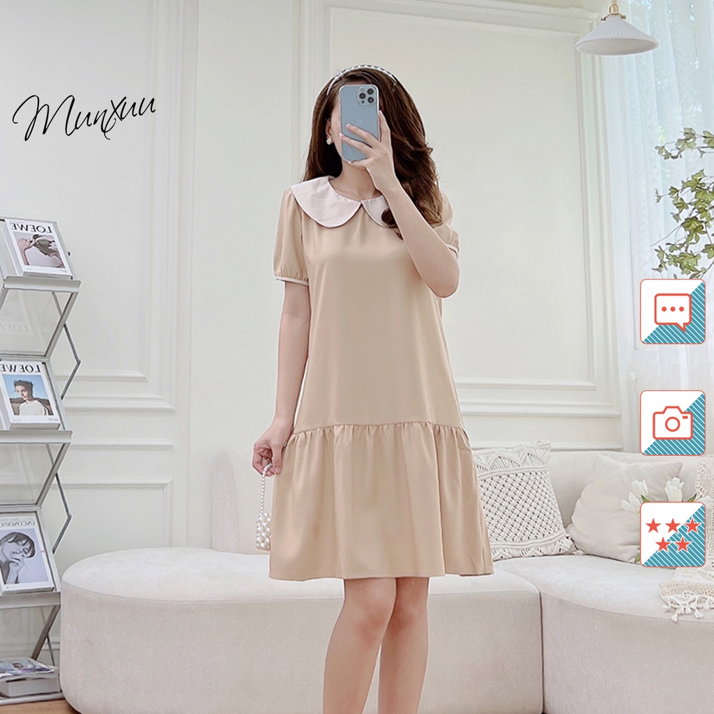 Váy babydoll tay ngắn MUNXUU cổ sen thiết kế màu trơn dáng dài xòe nhẹ nhàng thanh lịch - V11