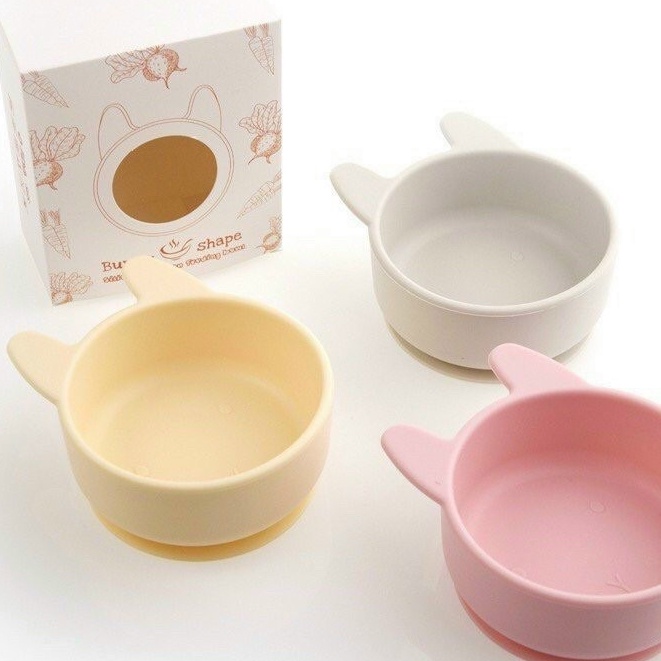 Bát silicone hình thỏ xinh cho bé ăn dặm, hít dính kèm hộp đựng