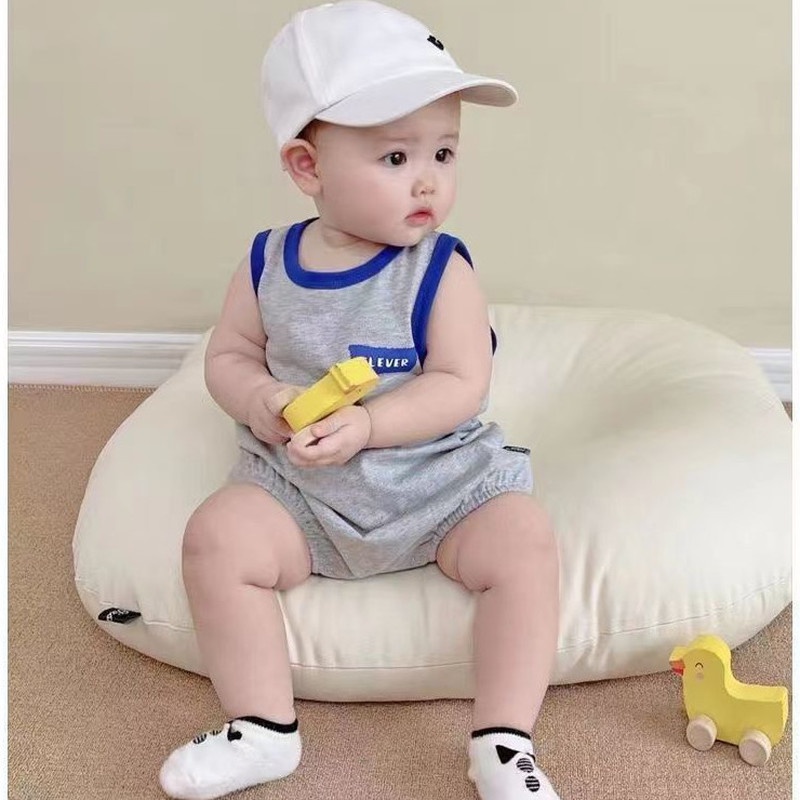 Bộ Áo Liền Quần Bằng Cotton Không Tay In Chữ Thời Trang Mùa Hè Phong Cách Hàn Quốc Cho Bé 0-2 Tuổi