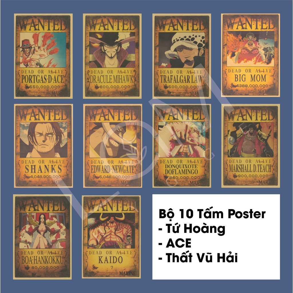 Bộ 10 Poster Wanted Lệnh Truy Nã One Piece Gồm Tứ Hoàng, ACE Và Thất Vũ Hải Với Mức Tiền Đã Được Update Mới Nhất, Khổ A4