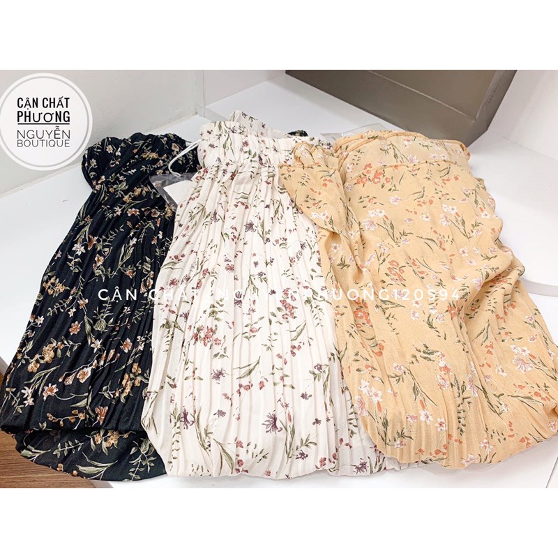 Chân váy hoa nhí xếp li nhỏ dáng dài vintage tiểu thư | BigBuy360 - bigbuy360.vn