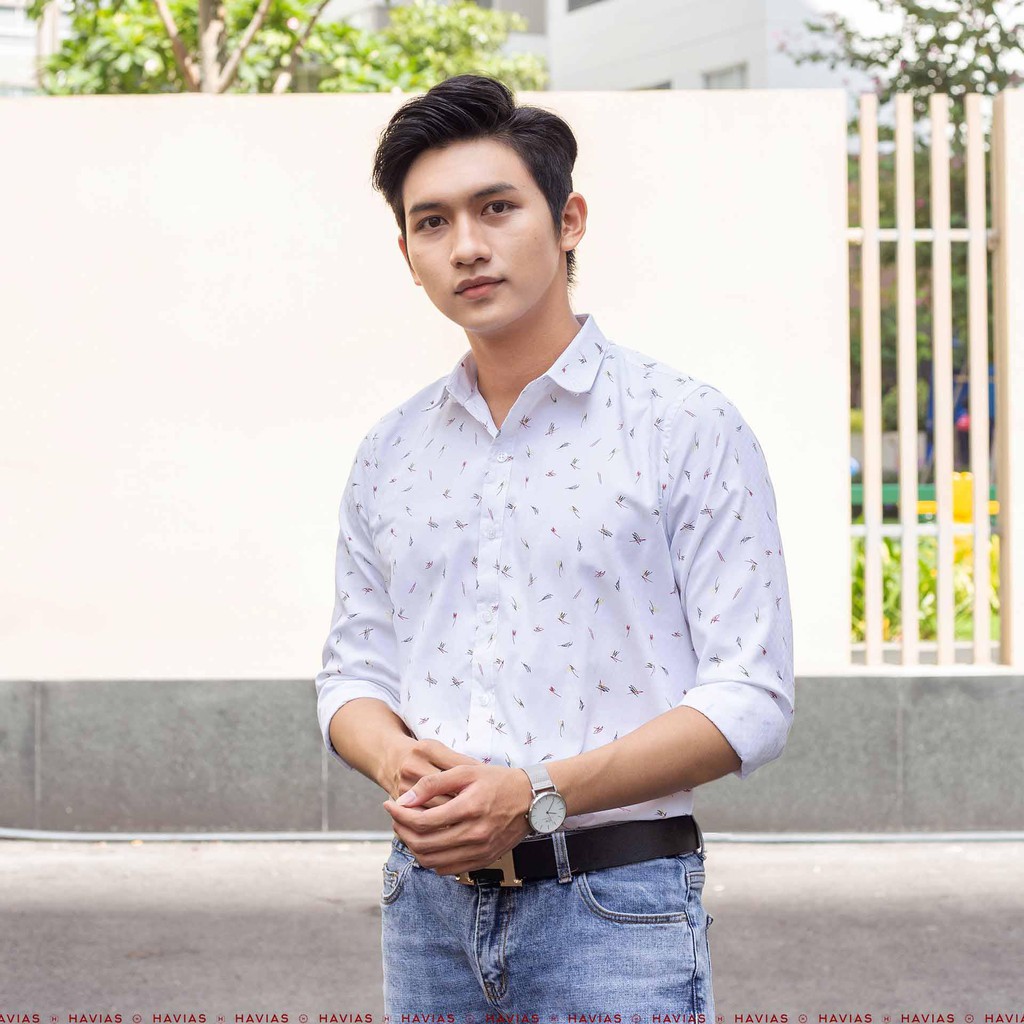 Premium Pattern White Shirt HAVIAS sơ mi nam tay dài họa tiết 3 màu vải Kate Ý