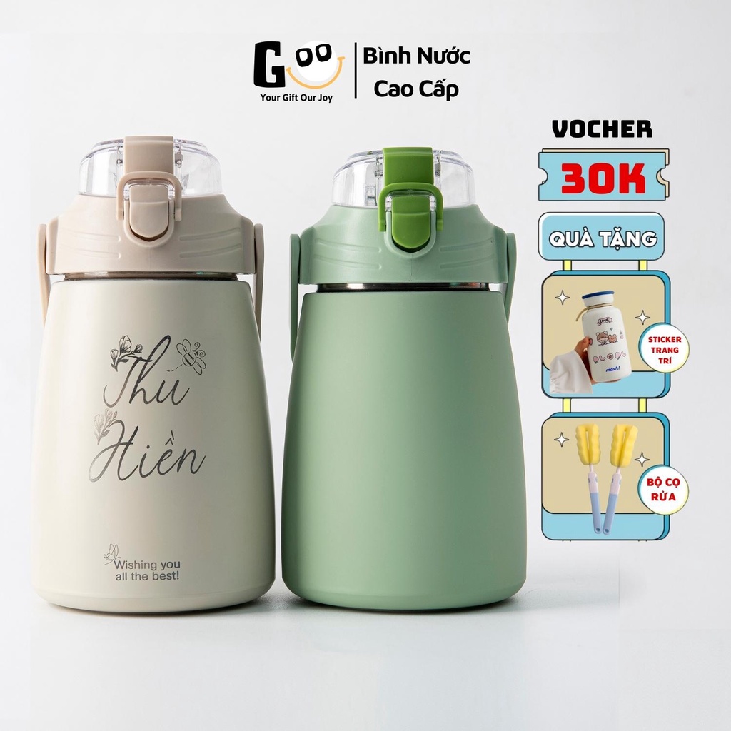 Bình giữ nhiệt khắc tên 1000ml inox 304 Goo Store bình đựng nước in tên theo yêu cầu có ống hút giữ nhiệt 12h