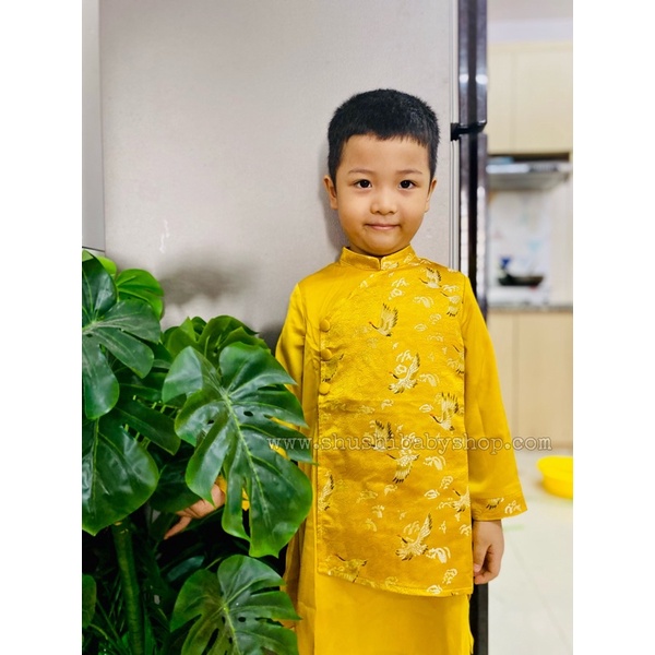 áo dài tết bé trai lụa gân tà đắp hai màu Beemo