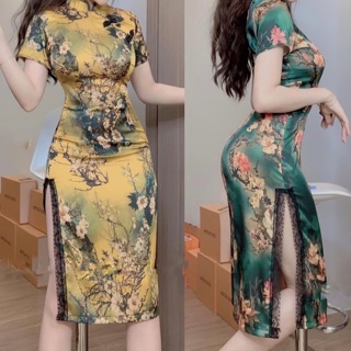 Đầm giả sườn xám ôm body midi xẻ tà dự tiệc ulzzang tiểu thư Tết
