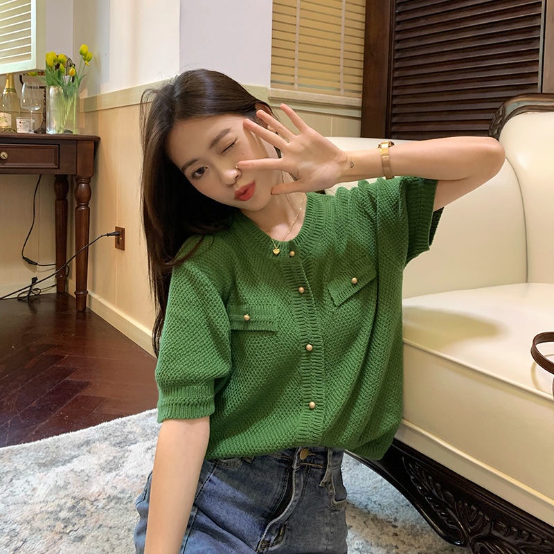 Áo cardigan Tay Ngắn Dáng Rộng Màu Xanh Lá Đậm Phong Cách retro Thời Trang Hàn Quốc