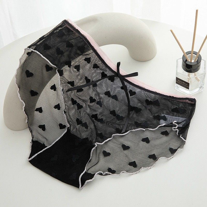 Quần Lót Ren Mỏng Siêu Sexy Phối Nơ Cạp Kèm Hoạ Tiết Trái Tim h006