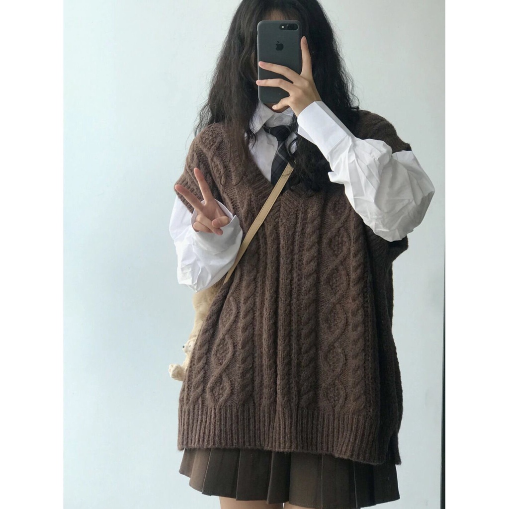 Áo Dệt Kim Sát Nách Dáng Rộng Cổ Chữ V Phong Cách Retro Dành Cho Nữ