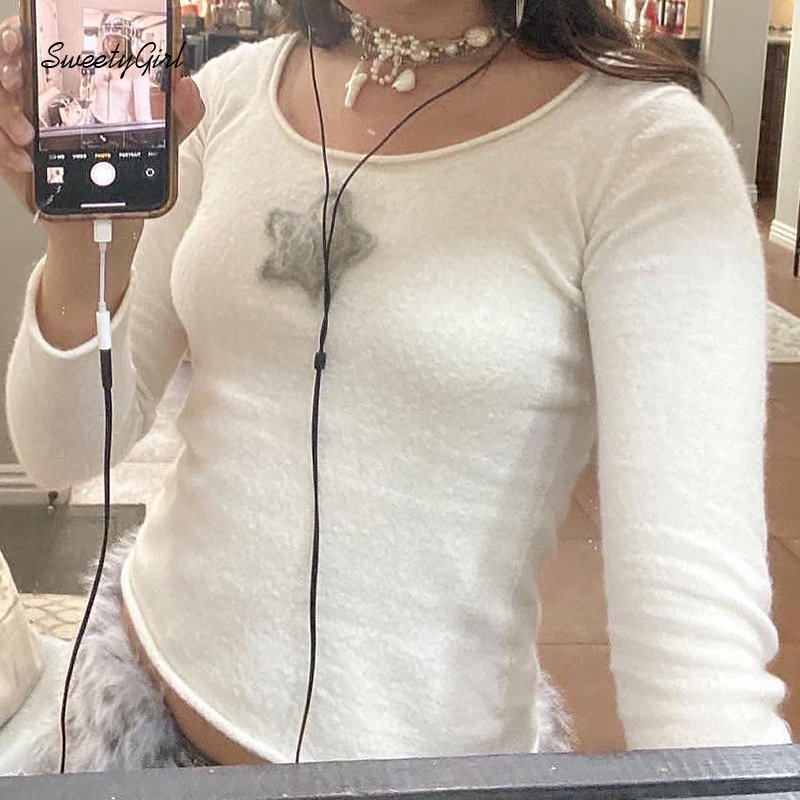 Áo Thun Tay Dài Cổ Tròn Màu Trắng / Đen In Hình Ngôi Sao Thời Trang 2022 Quyến Rũ Cho Nữ