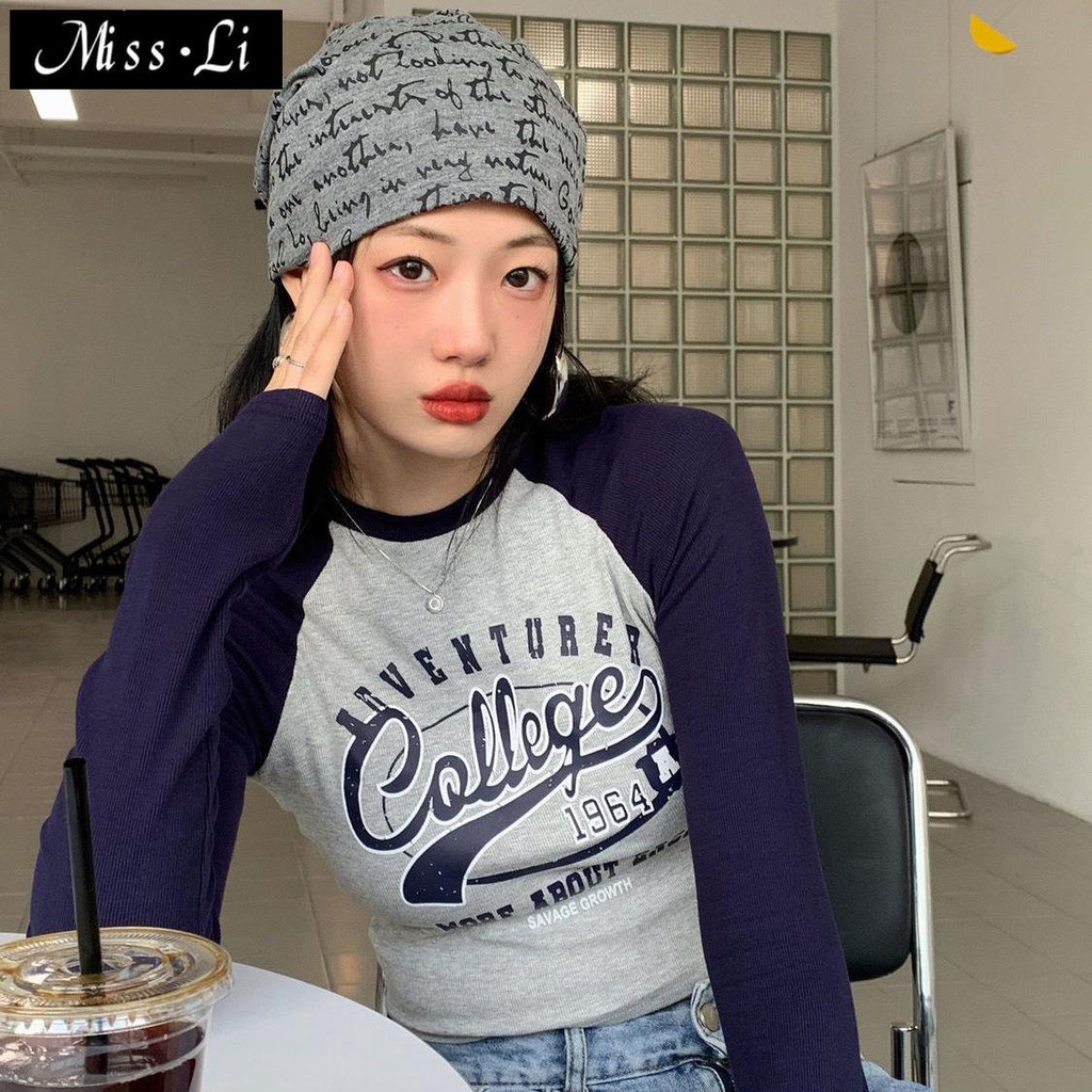 Áo Thun Dài Tay Ôm Dáng In Chữ Phong Cách Retro Mỹ Cho Nữ